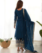 Blue Chinon Silk Embroidery Kurta Set