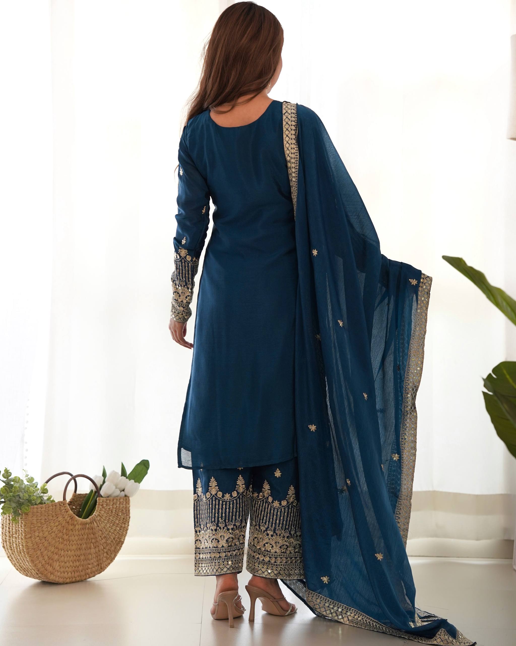 Blue Chinon Silk Embroidery Kurta Set