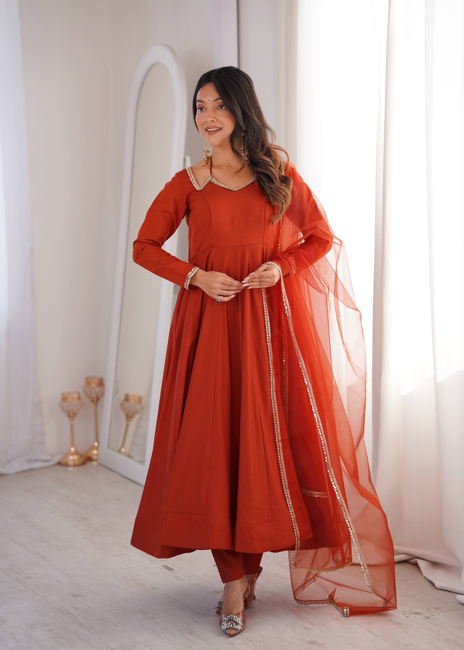 Rust Romansilk Chanderi Kurta Set