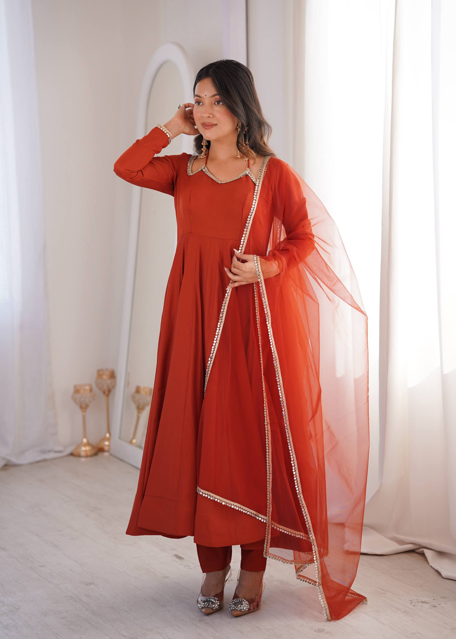 Rust Romansilk Chanderi Kurta Set