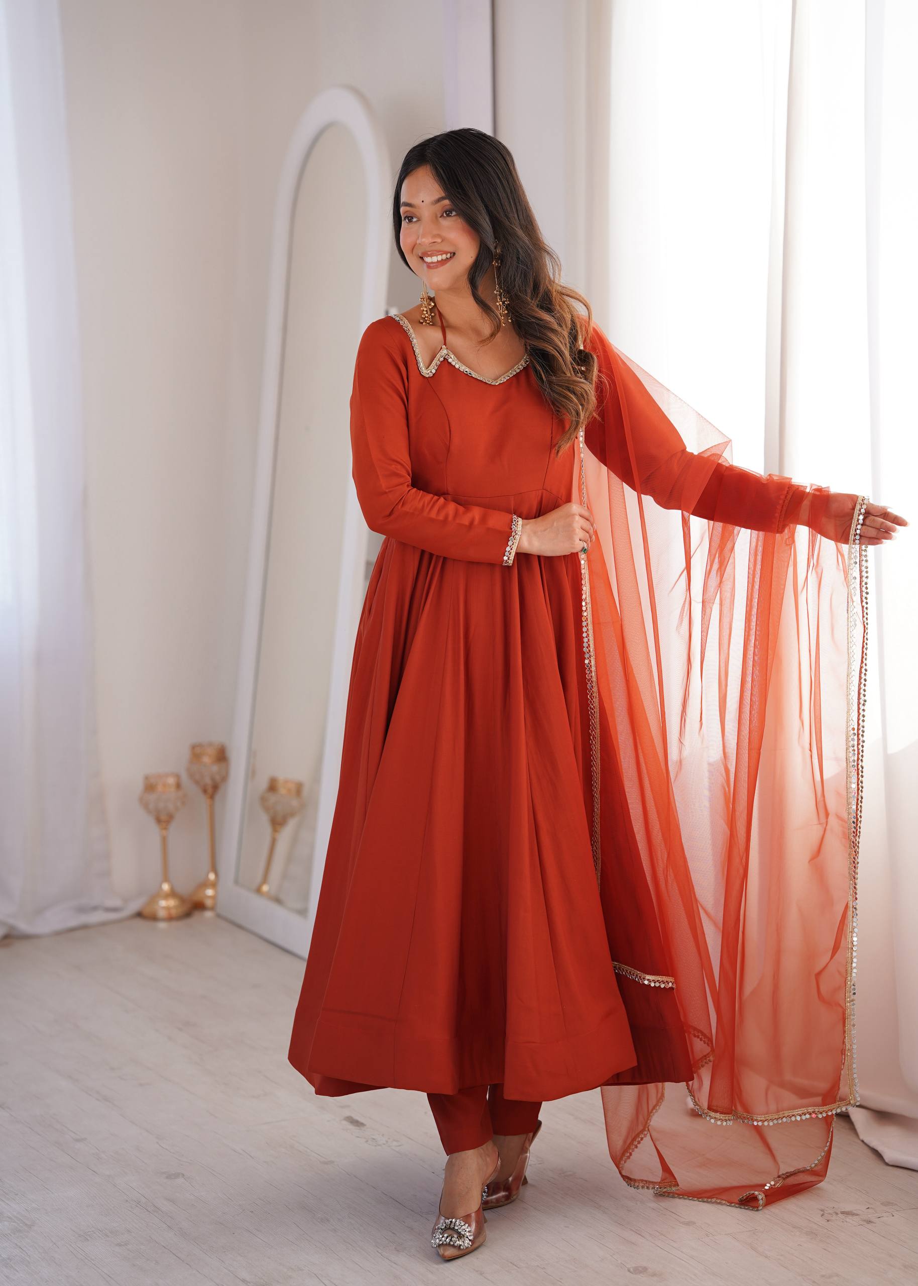 Rust Romansilk Chanderi Kurta Set