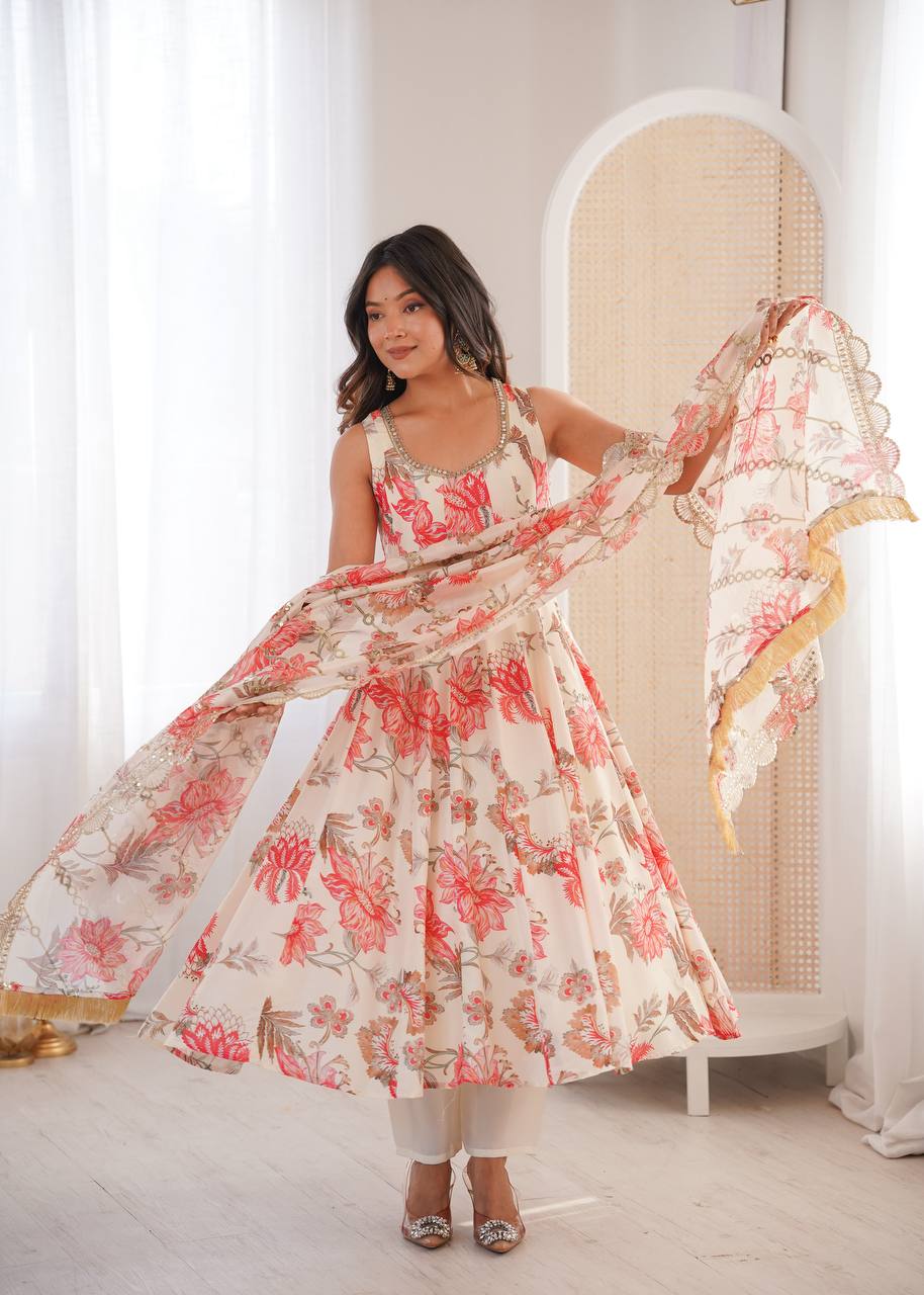 White Muslin Floral Print Kurta Set