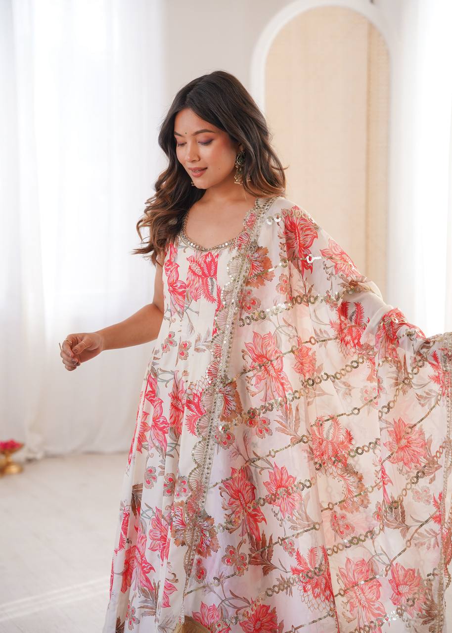 White Muslin Floral Print Kurta Set