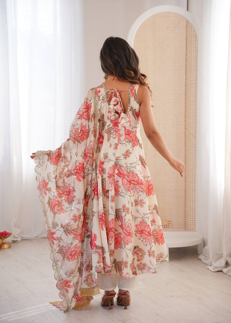 White Muslin Floral Print Kurta Set
