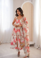 White Muslin Floral Print Kurta Set