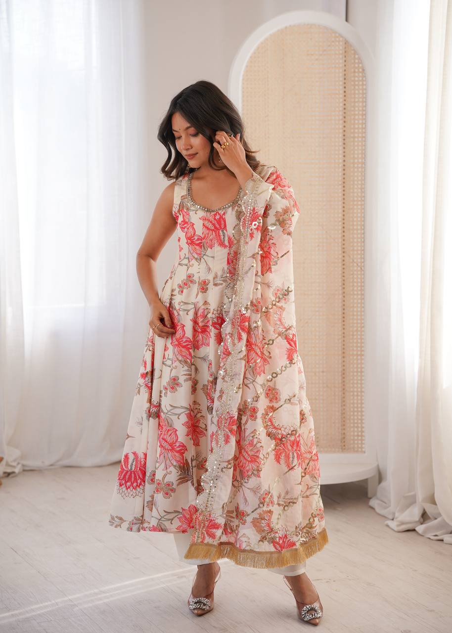 White Muslin Floral Print Kurta Set