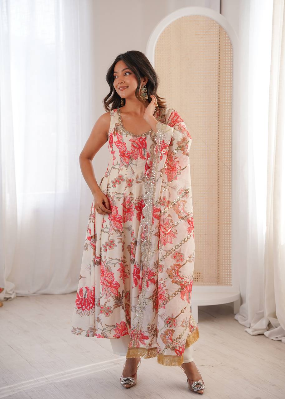 White Muslin Floral Print Kurta Set