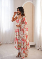 White Muslin Floral Print Kurta Set