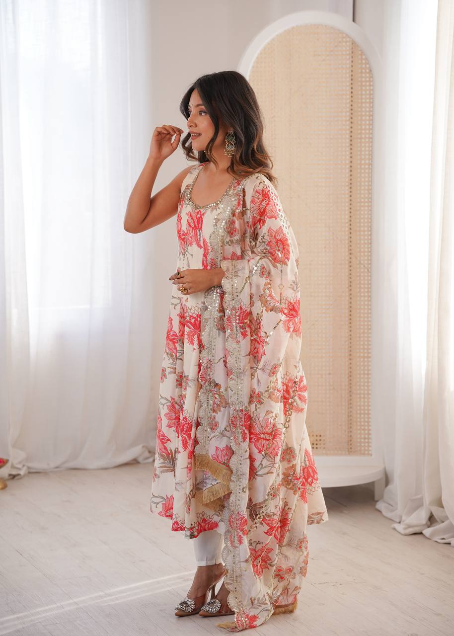 White Muslin Floral Print Kurta Set