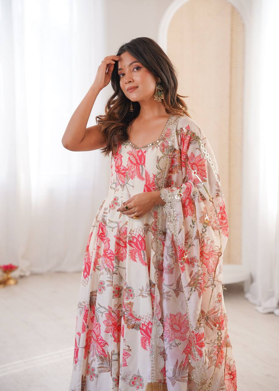 White Muslin Floral Print Kurta Set