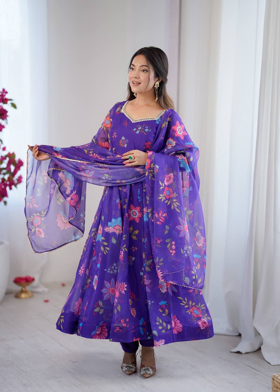 Violet Organza Flower Kurta Set