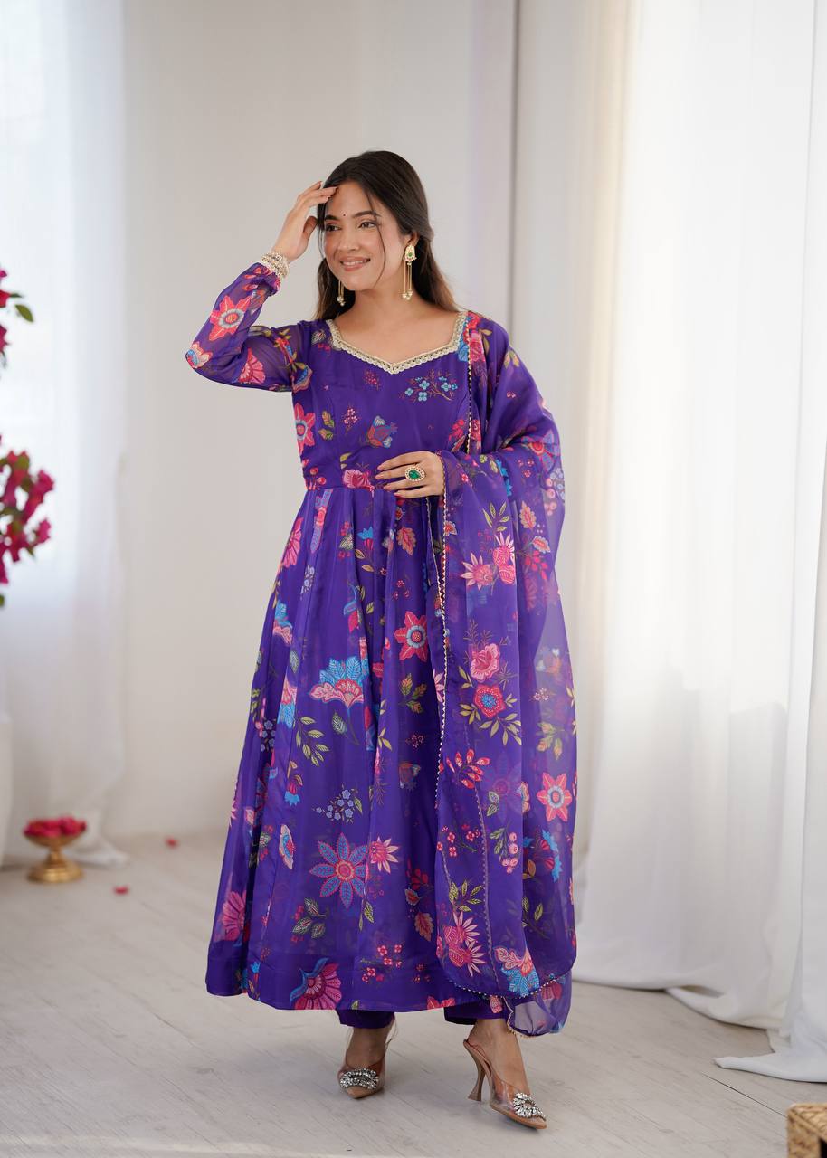 Violet Organza Flower Kurta Set