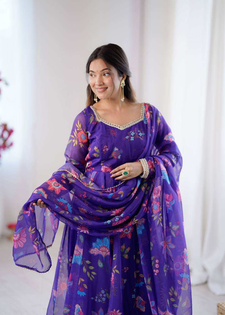 Violet Organza Flower Kurta Set