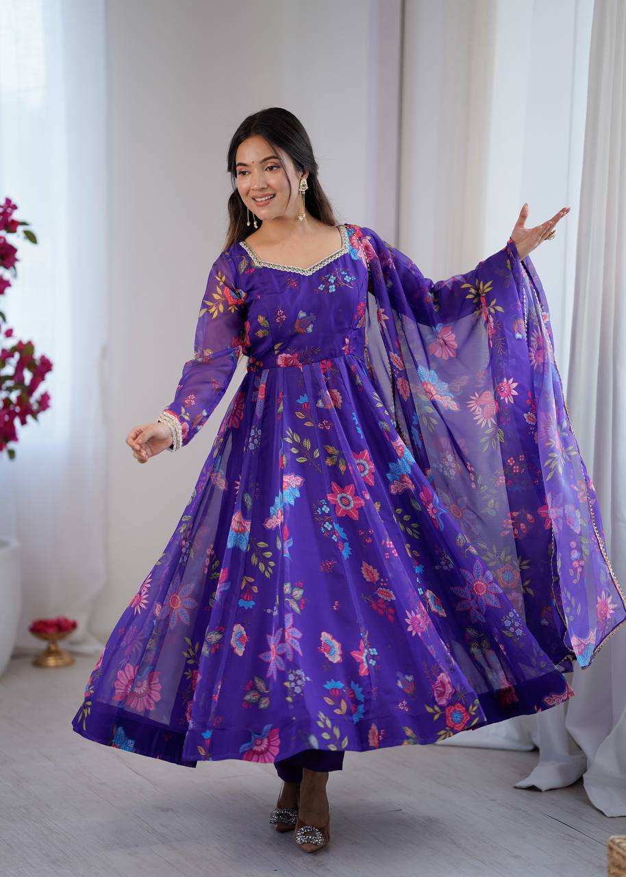 Violet Organza Flower Kurta Set