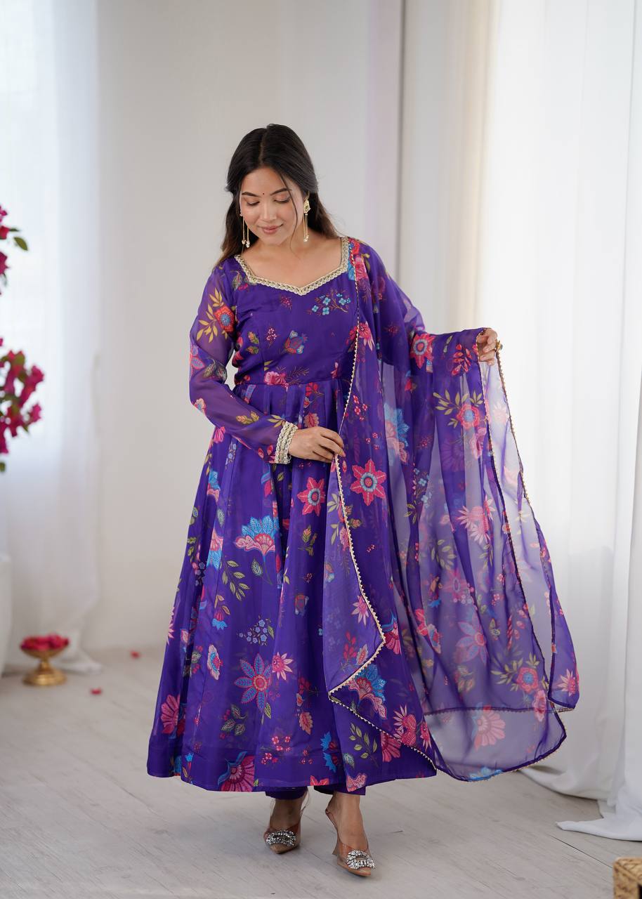 Violet Organza Flower Kurta Set