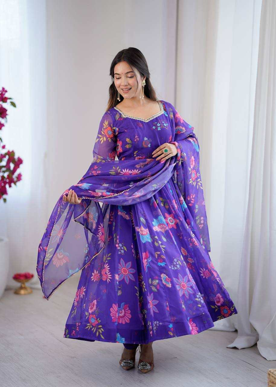 Violet Organza Flower Kurta Set