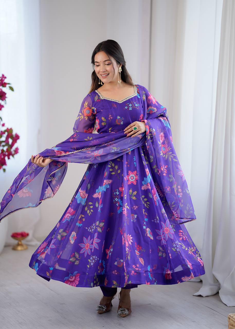 Violet Organza Flower Kurta Set
