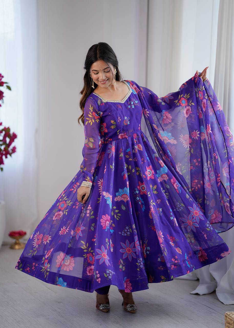Violet Organza Flower Kurta Set