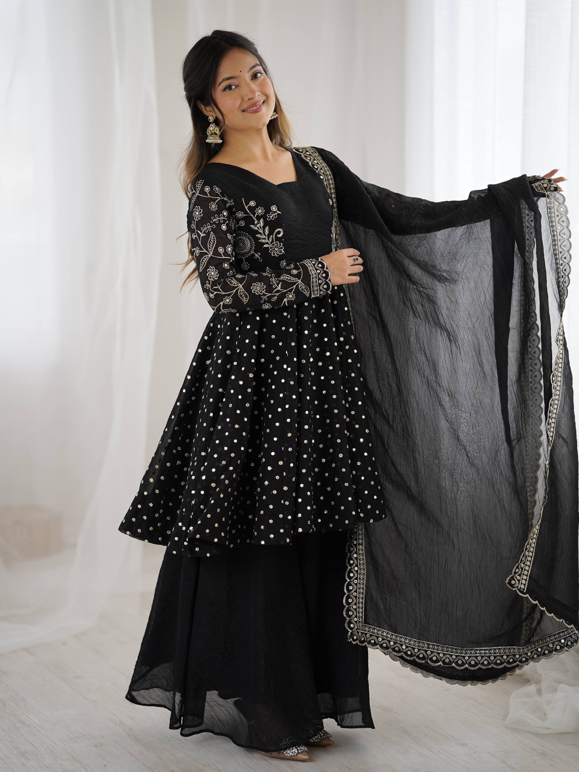 Black Crunchy Silk Sharara Set