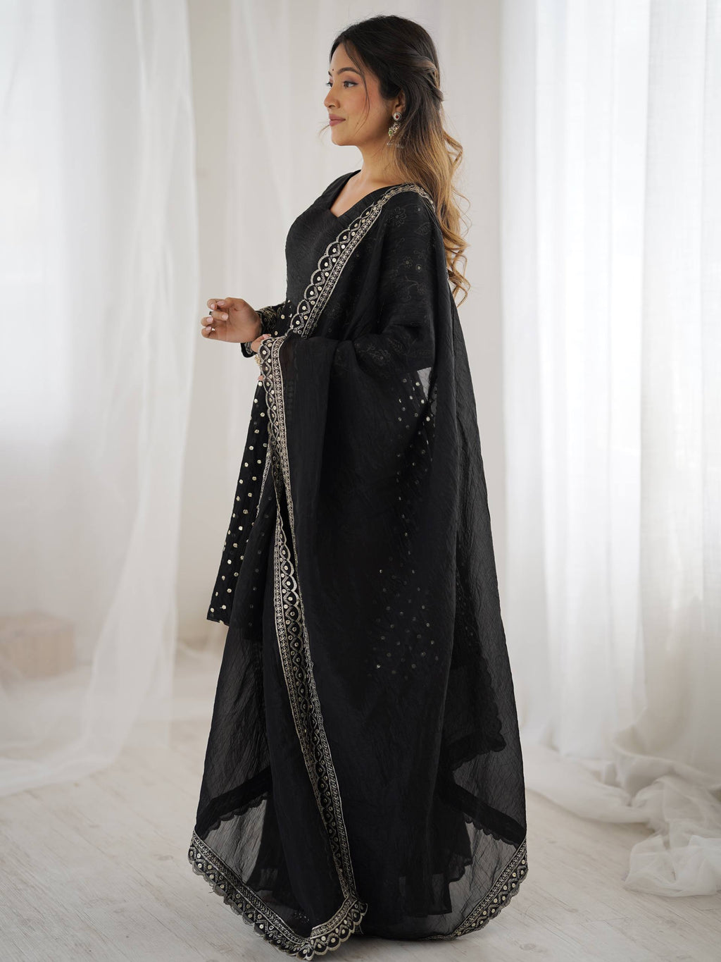 Black Crunchy Silk Sharara Set