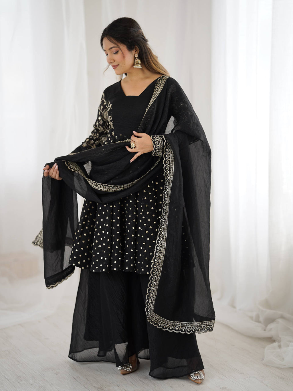 Black Crunchy Silk Sharara Set