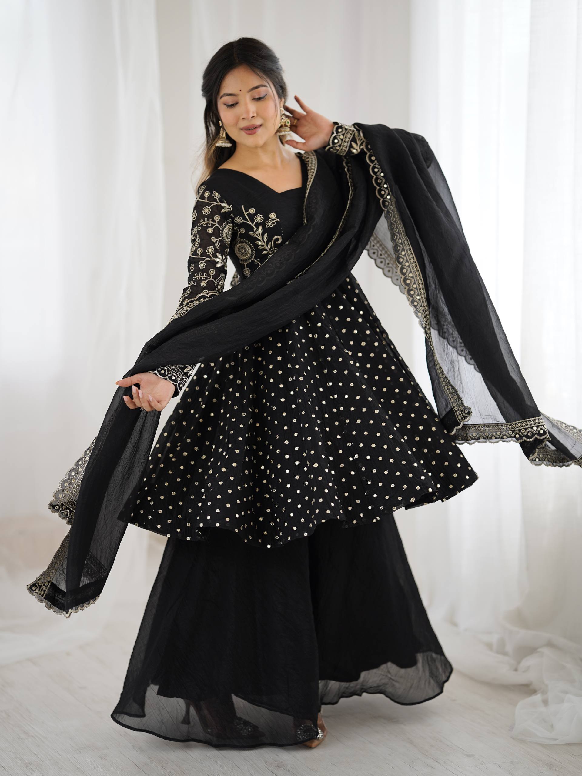 Black Crunchy Silk Sharara Set