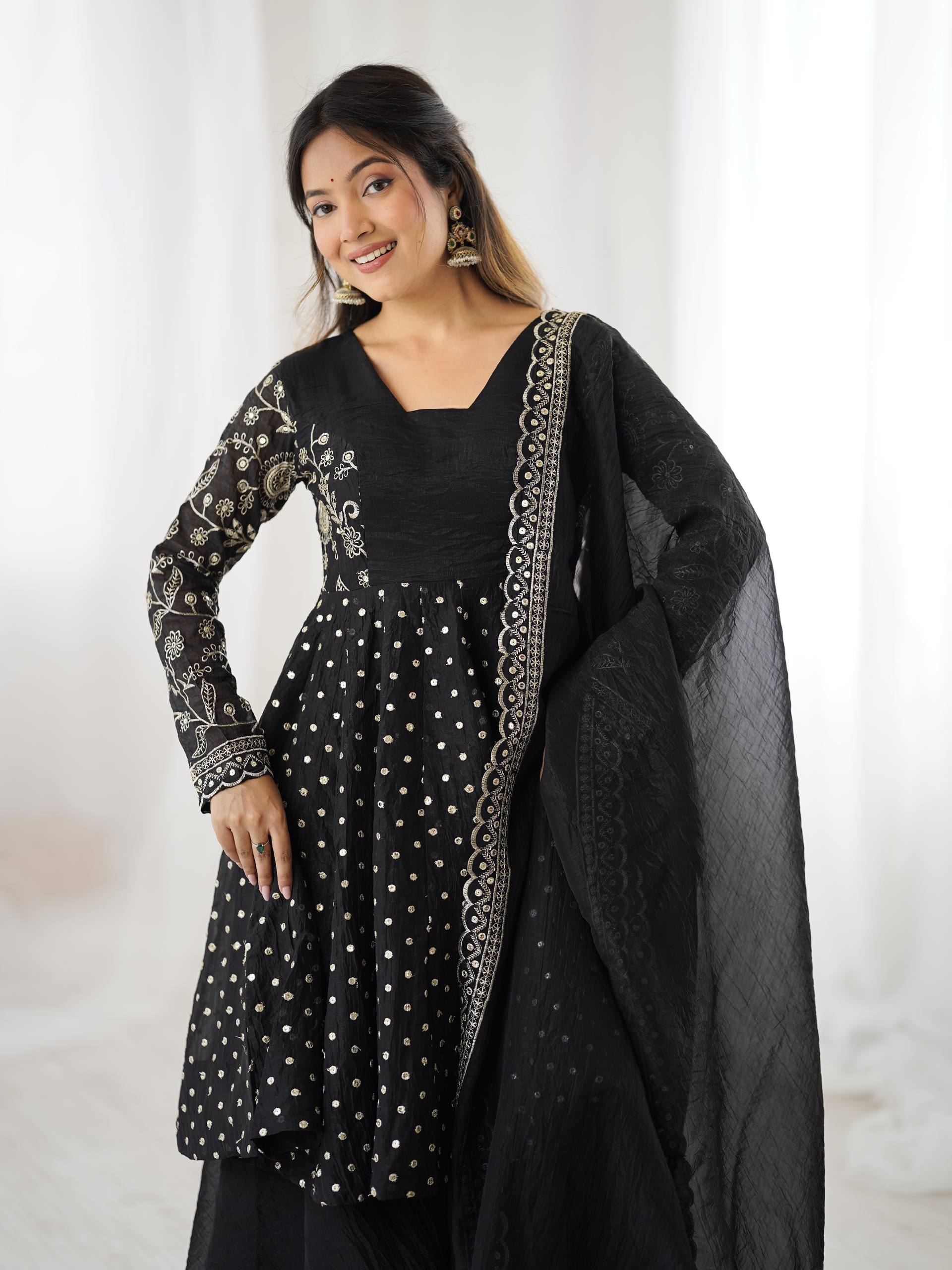 Black Crunchy Silk Sharara Set