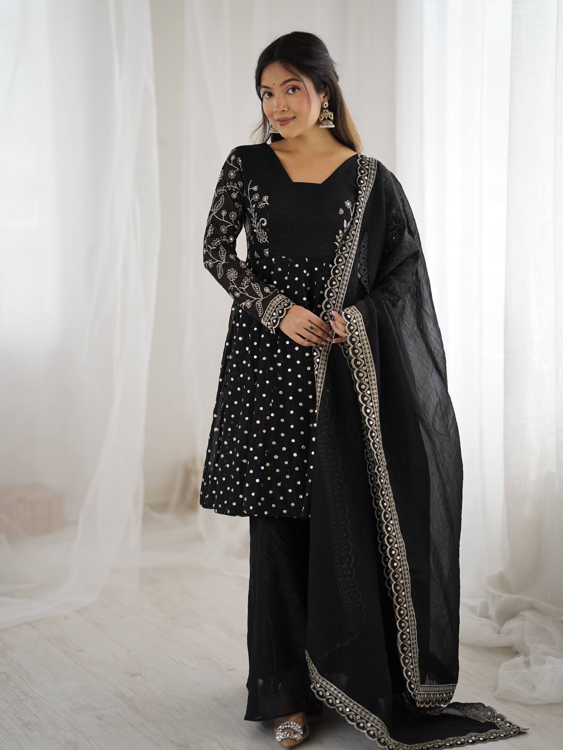 Black Crunchy Silk Sharara Set