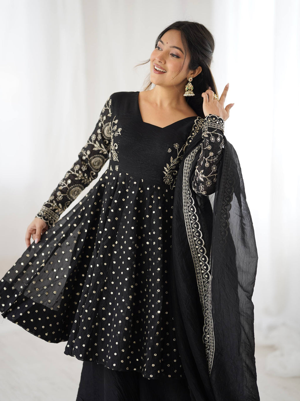 Black Crunchy Silk Sharara Set