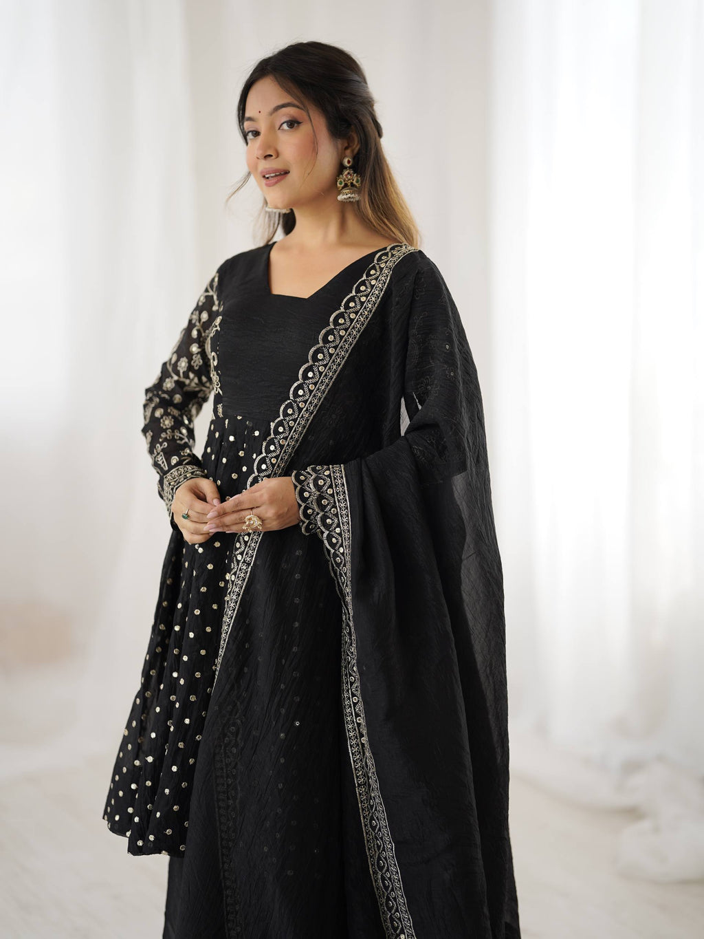 Black Crunchy Silk Sharara Set