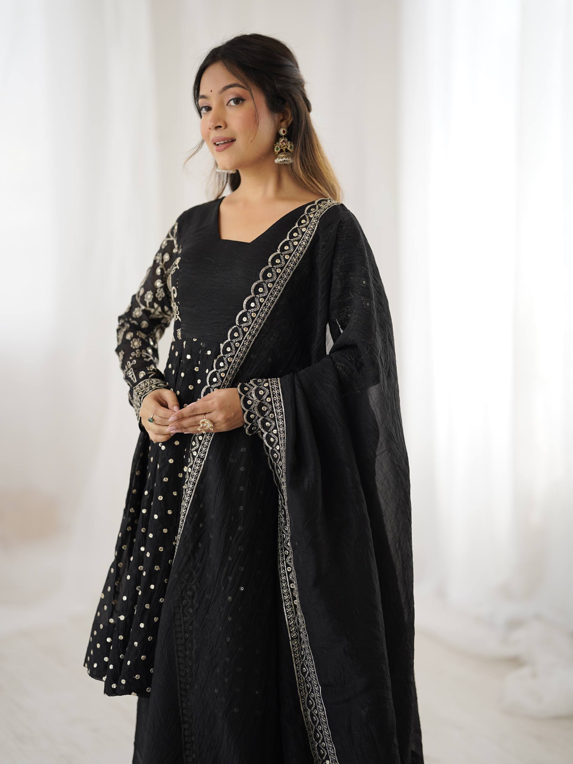 Black Crunchy Silk Sharara Set