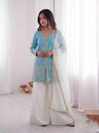 Turquoise Blue Heavy Embroidery Sequence Sharara Suit