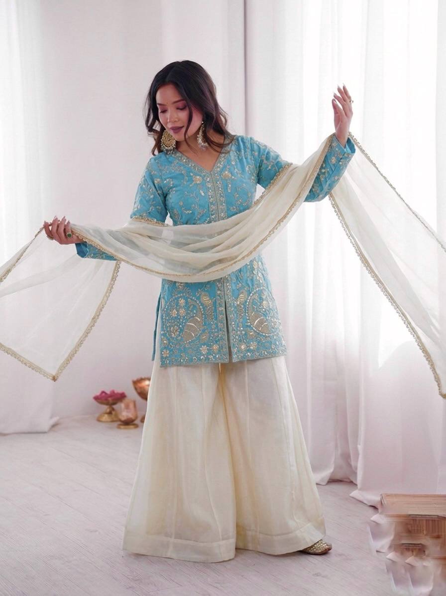 Turquoise Blue Heavy Embroidery Sequence Sharara Suit