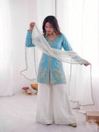 Turquoise Blue Heavy Embroidery Sequence Sharara Suit
