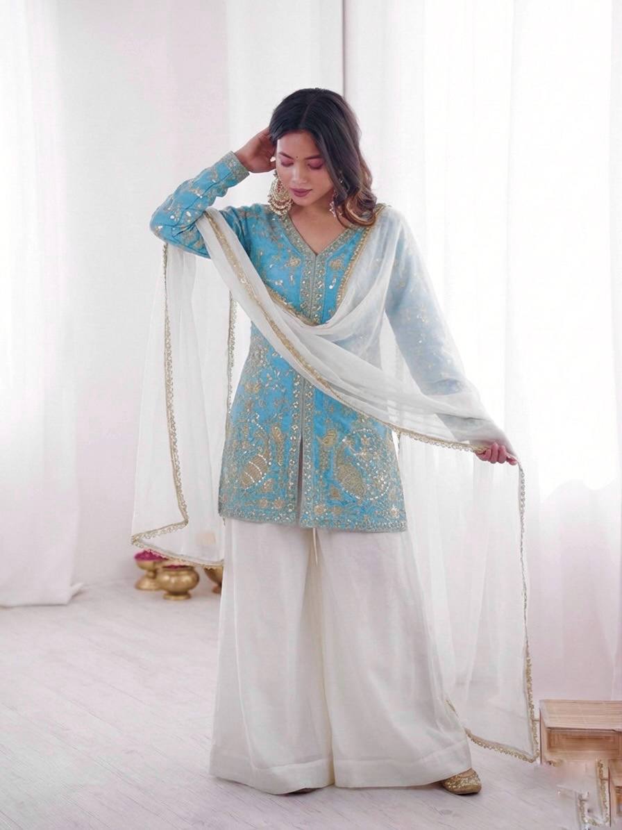 Turquoise Blue Heavy Embroidery Sequence Sharara Suit