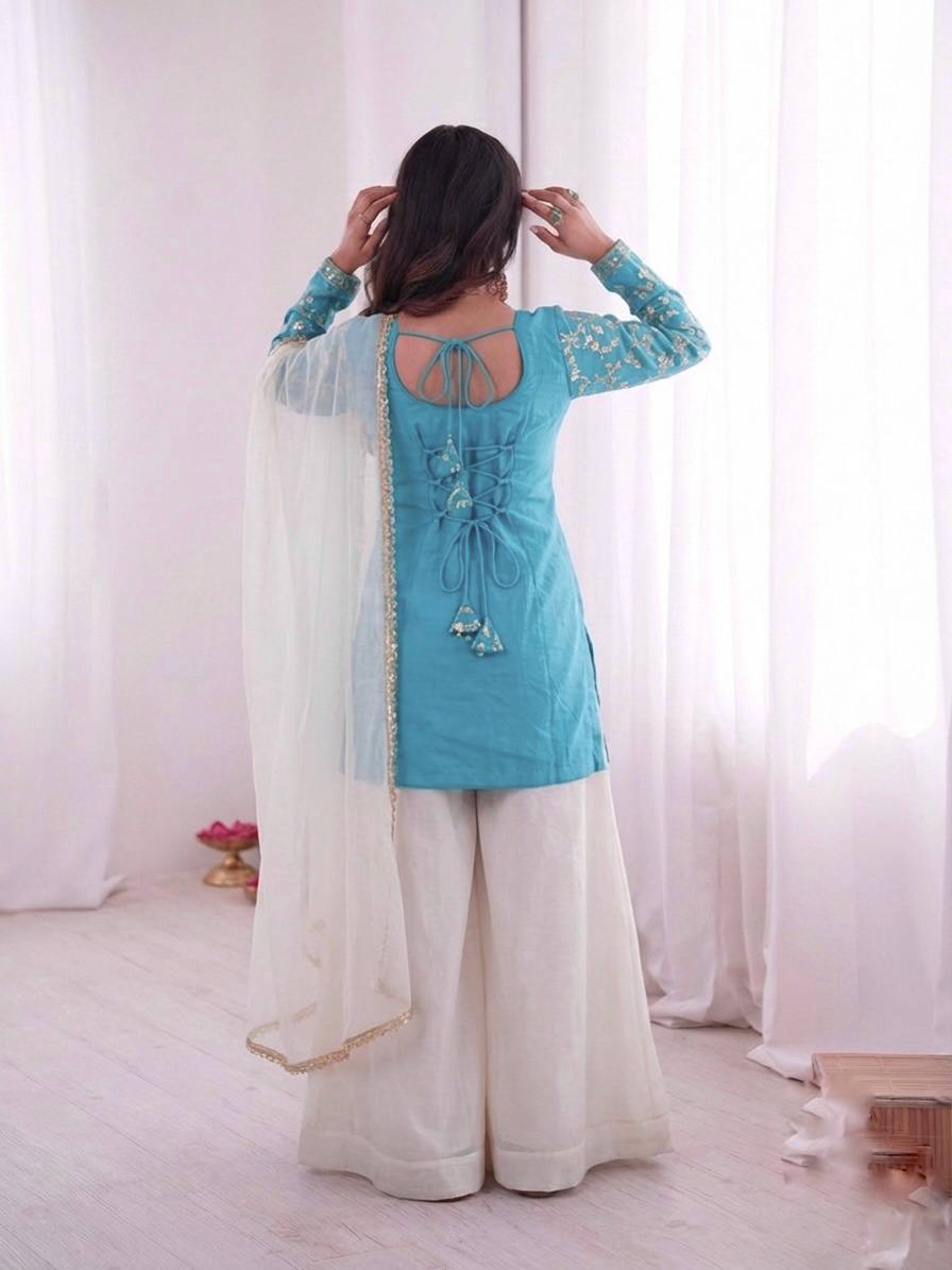Turquoise Blue Heavy Embroidery Sequence Sharara Suit