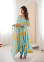 Sea Blue Sunflower Kurta Set