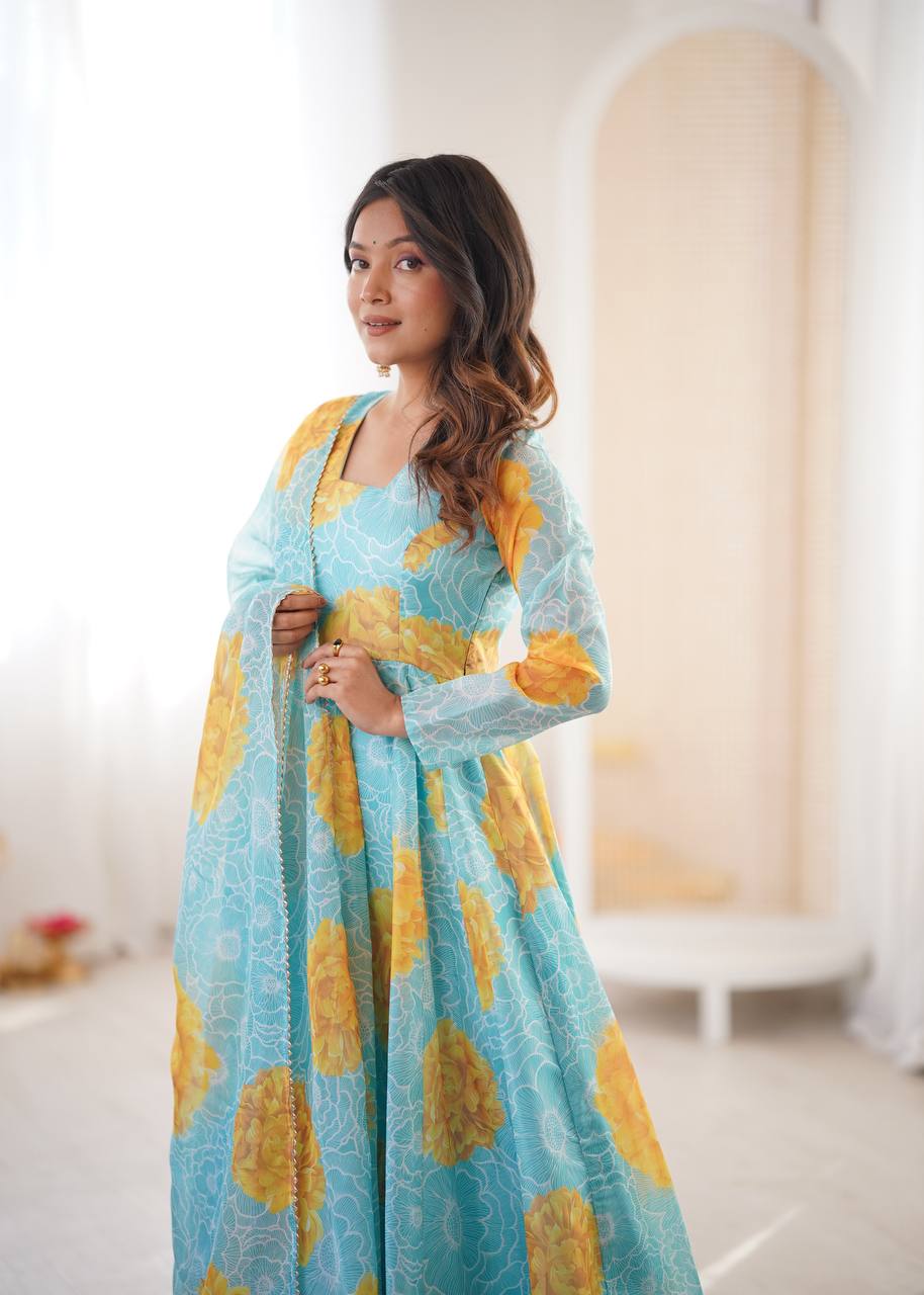 Sea Blue Sunflower Kurta Set