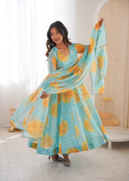 Sea Blue Sunflower Kurta Set