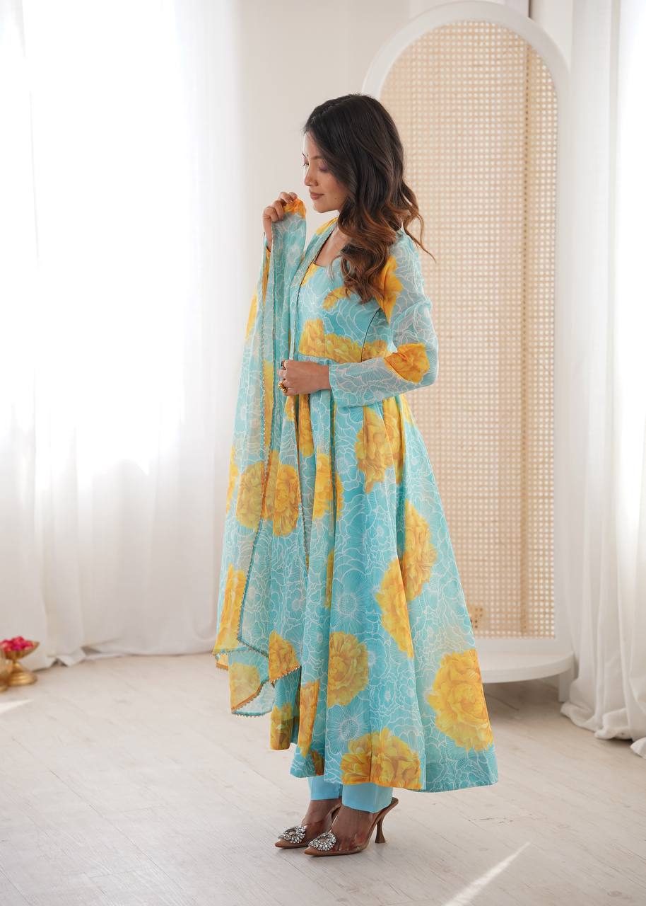Sea Blue Sunflower Kurta Set