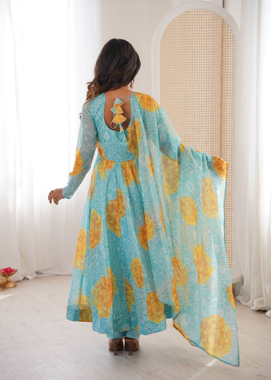 Sea Blue Sunflower Kurta Set