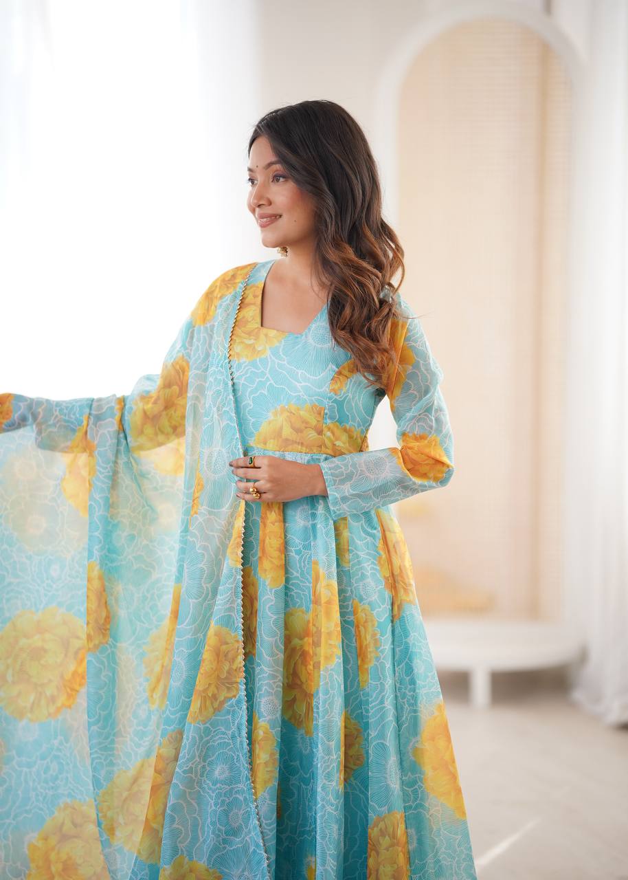Sea Blue Sunflower Kurta Set