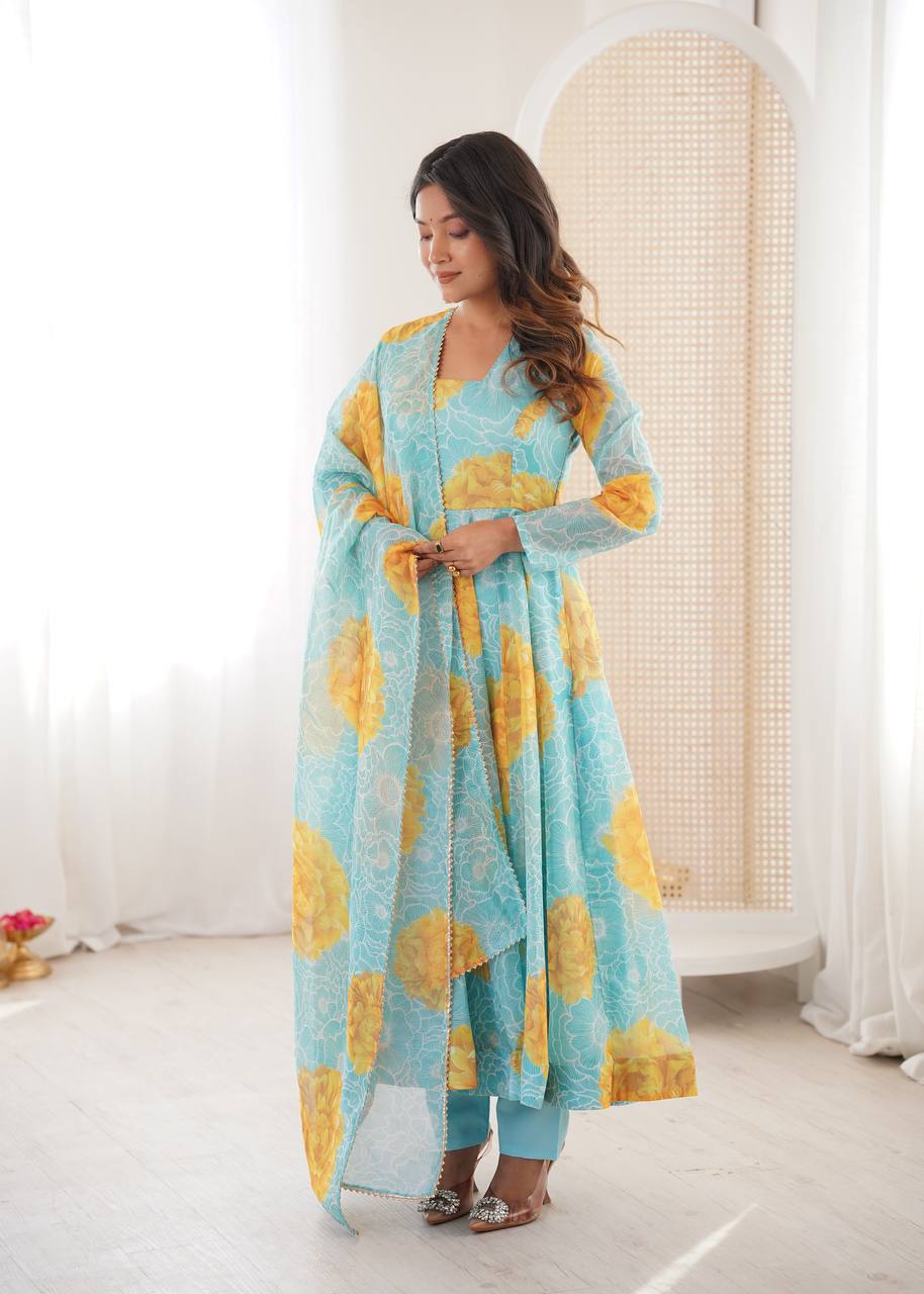 Sea Blue Sunflower Kurta Set