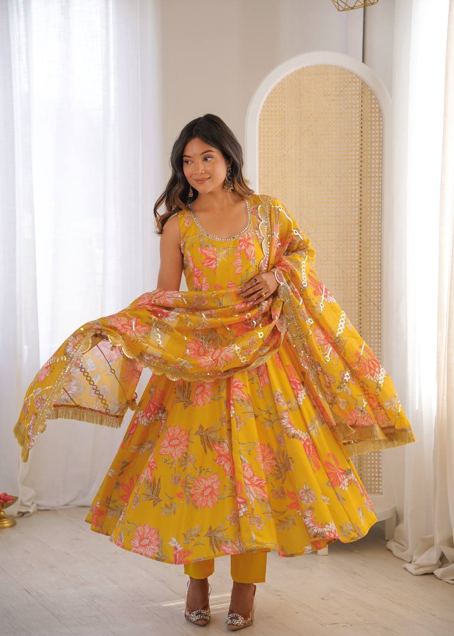 Yellow Muslin Floral Print Kurta Set