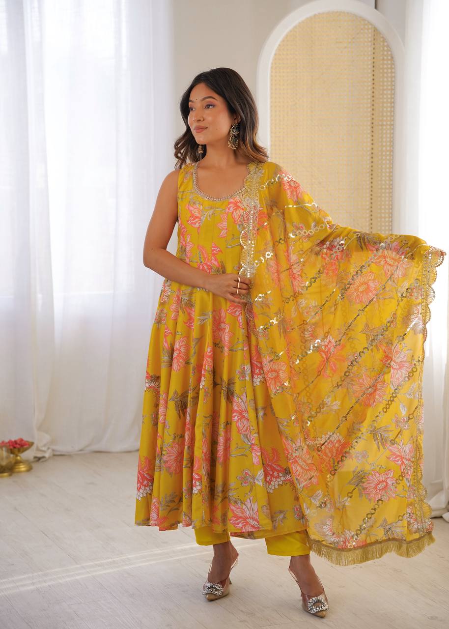 Yellow Muslin Floral Print Kurta Set