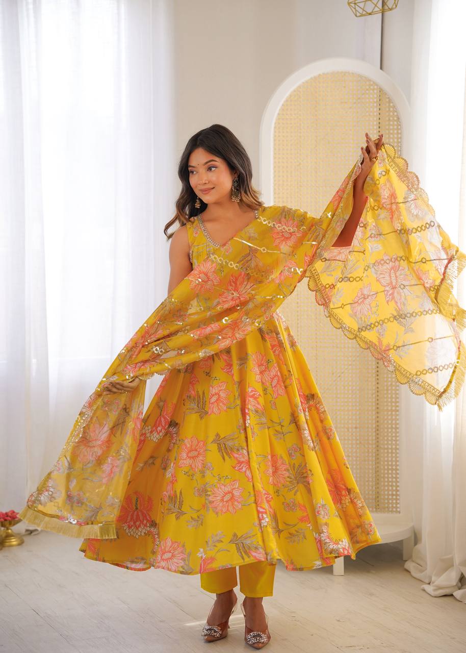 Yellow Muslin Floral Print Kurta Set