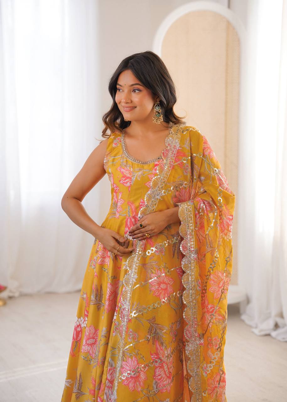 Yellow Muslin Floral Print Kurta Set