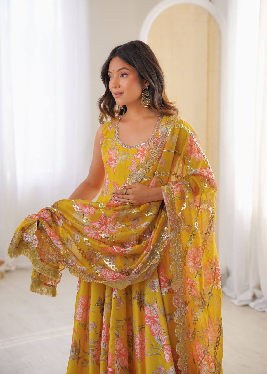 Yellow Muslin Floral Print Kurta Set