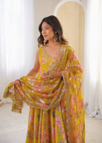 Yellow Muslin Floral Print Kurta Set