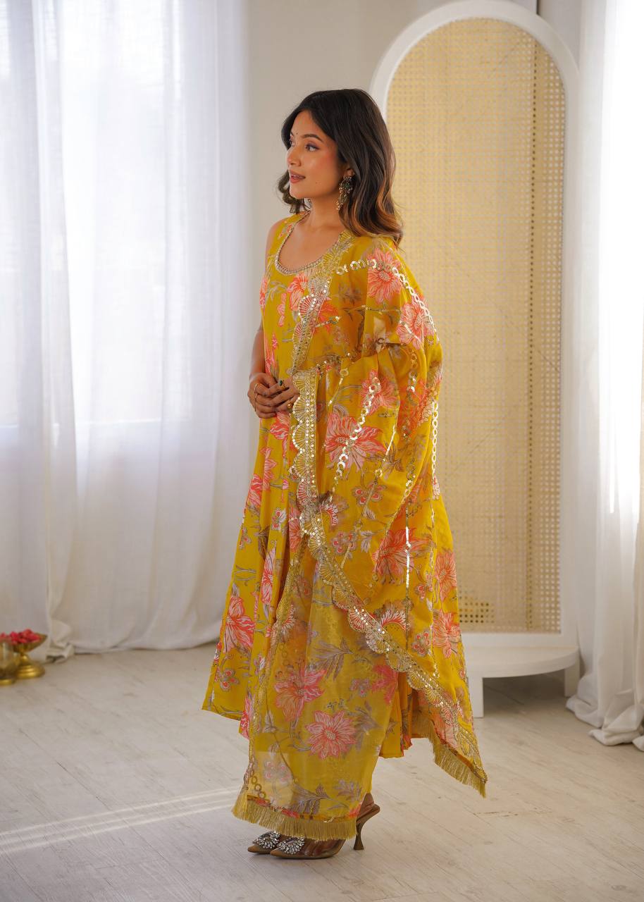 Yellow Muslin Floral Print Kurta Set